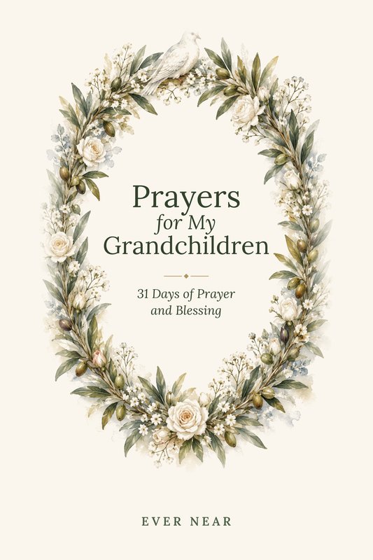Cover of Prayers for My Grandchildren: a wreath of olive branches and white roses around the title